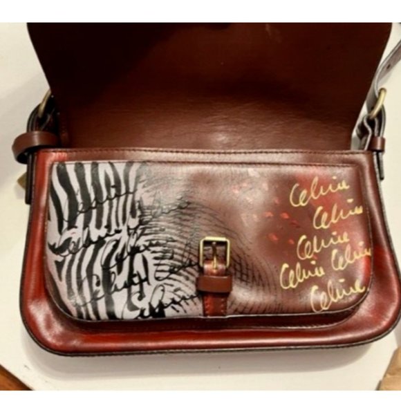 AUTHENTIC CELINE Hand Painted Shoulder Crossbody Bag RARE Animal Print deep red - Picture 2 of 16